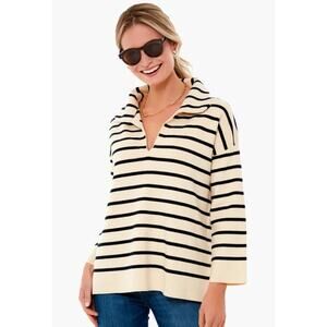 Tuckernuck Pomander Place Billie Polo Sweater Striped V-Neck Cream Navy Blue